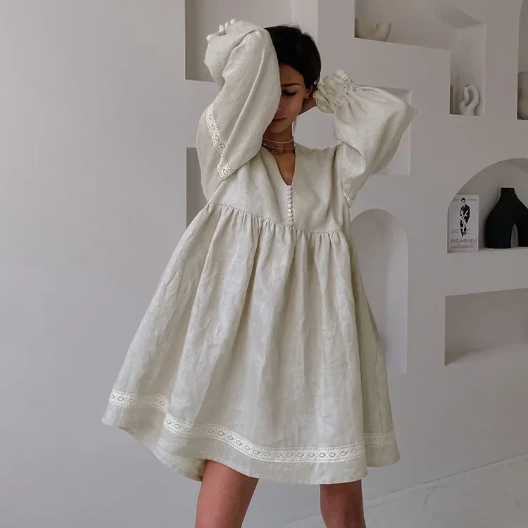 Fashion V-neck Patchwork Lace Women's Dress Elegant Khaki Long Sleeve Loose Dresses Casual Pleated Button Dresses Female
Fashion V-neck Patchwork Lace Women's Dress Elegant Khaki Long Sleeve Loose Dresses Casual Pleated Button Dresses Female