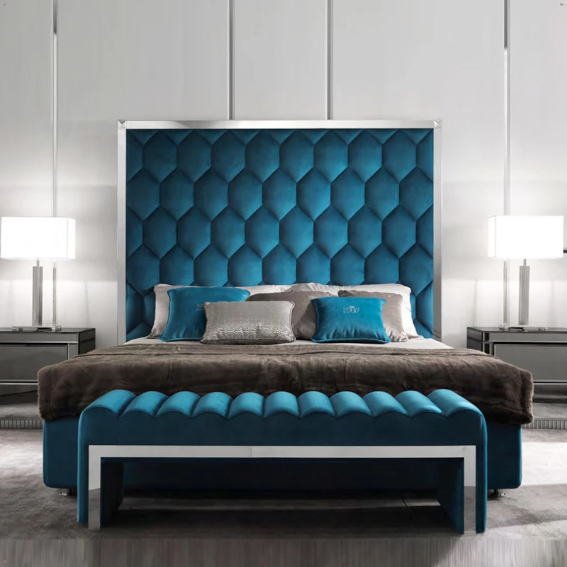 Double bed, modern, simple, light luxury king bed, 1.8m long, double bed, blue high back bed, side lying fabric bed
Double bed, modern, simple, light luxury king bed, 1.8m long, double bed, blue high back bed, side lying fabric bed