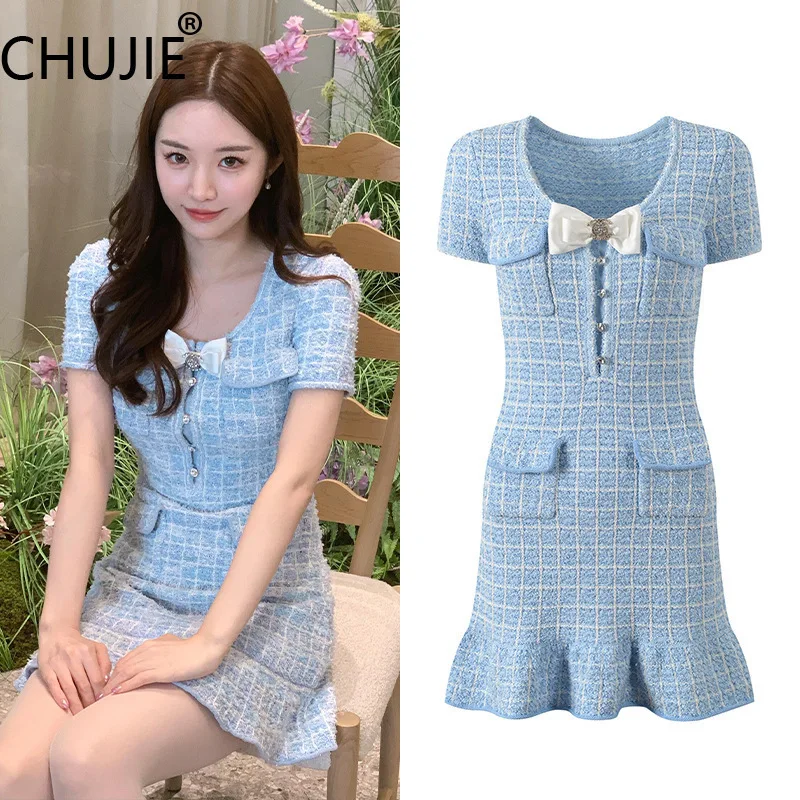 CHUJIE Checkered Bow Dress - French Heiress Style - Blue & White Ruffled Edge - Slim Fit Spring Summer
CHUJIE Checkered Bow Dress - French Heiress Style - Blue & White Ruffled Edge - Slim Fit Spring Summer