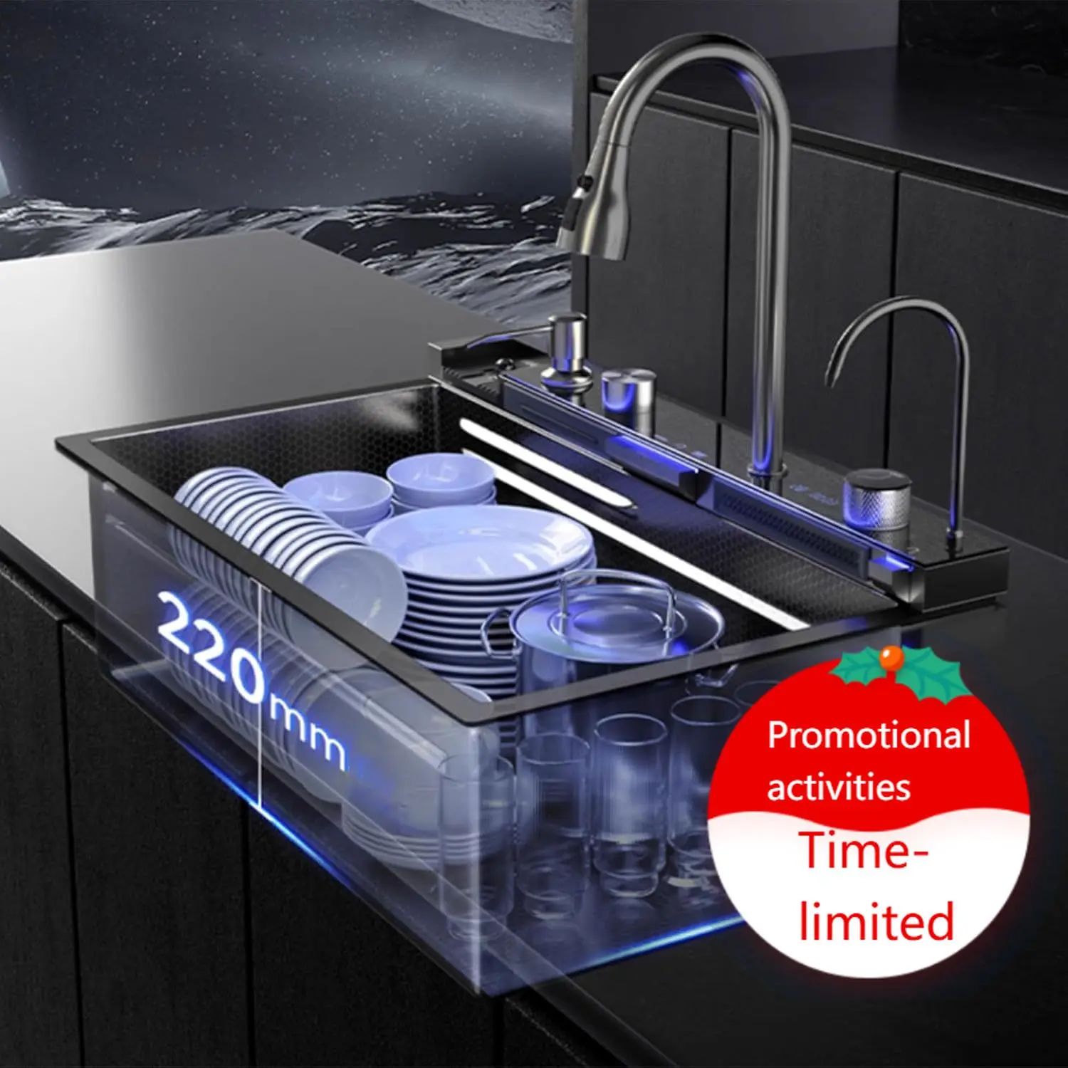 Kitchen sink double waterfall sink with LED display with cup washer, soap dispenser, waterfall mixer, worktop controller, etc. w
Kitchen sink double waterfall sink with LED display with cup washer, soap dispenser, waterfall mixer, worktop controller, etc. w