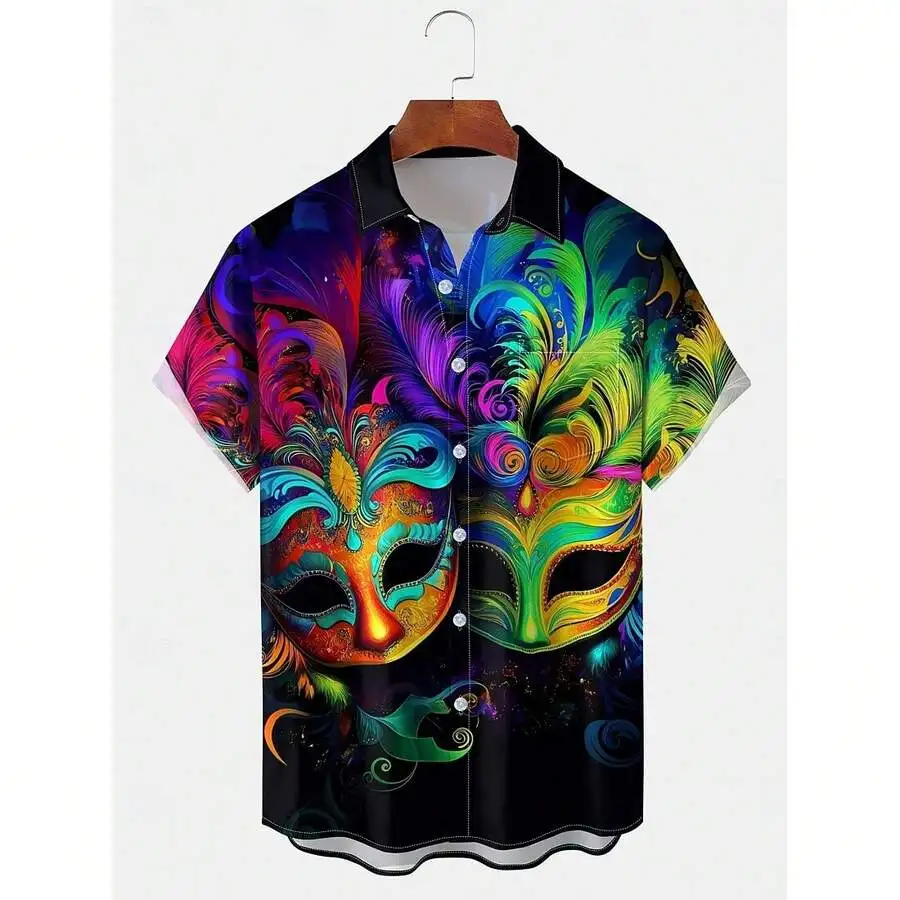 Mens Carnival Mask Print Casual Short Sleeve Shirt With Cuban Collar For Vacation Party
Mens Carnival Mask Print Casual Short Sleeve Shirt With Cuban Collar For Vacation Party