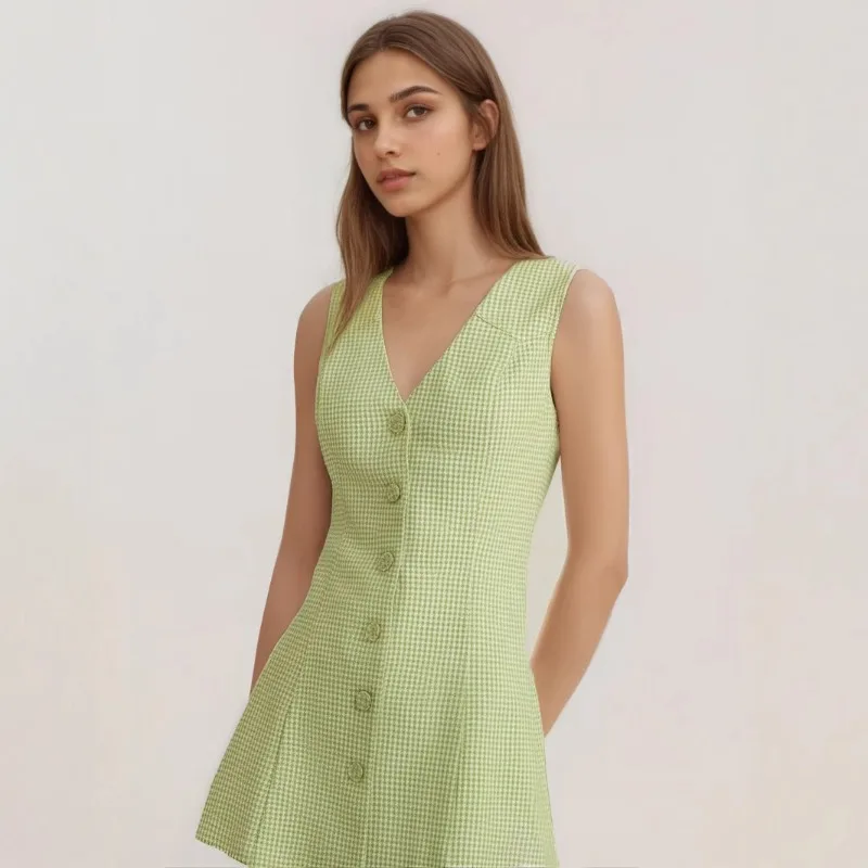 Spring and Summer Women Retro Checkered V-neck Button-down Sleeveless Mini Skirt Dress Single-breasted Lace-up Party Skirt
Spring and Summer Women Retro Checkered V-neck Button-down Sleeveless Mini Skirt Dress Single-breasted Lace-up Party Skirt