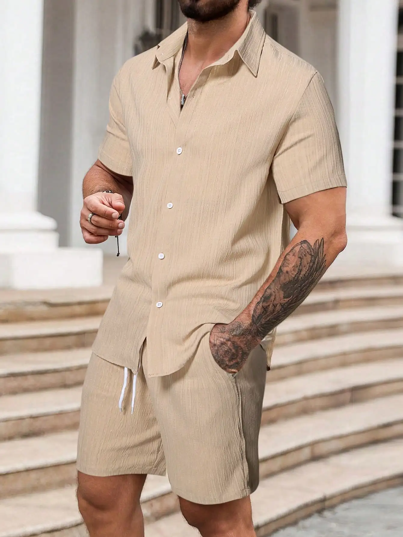 Mens Linen Two-Piece Set: Short Sleeve Shirt With Palm Embroidery And Drawstring Waist Shorts
Mens Linen Two-Piece Set: Short Sleeve Shirt With Palm Embroidery And Drawstring Waist Shorts