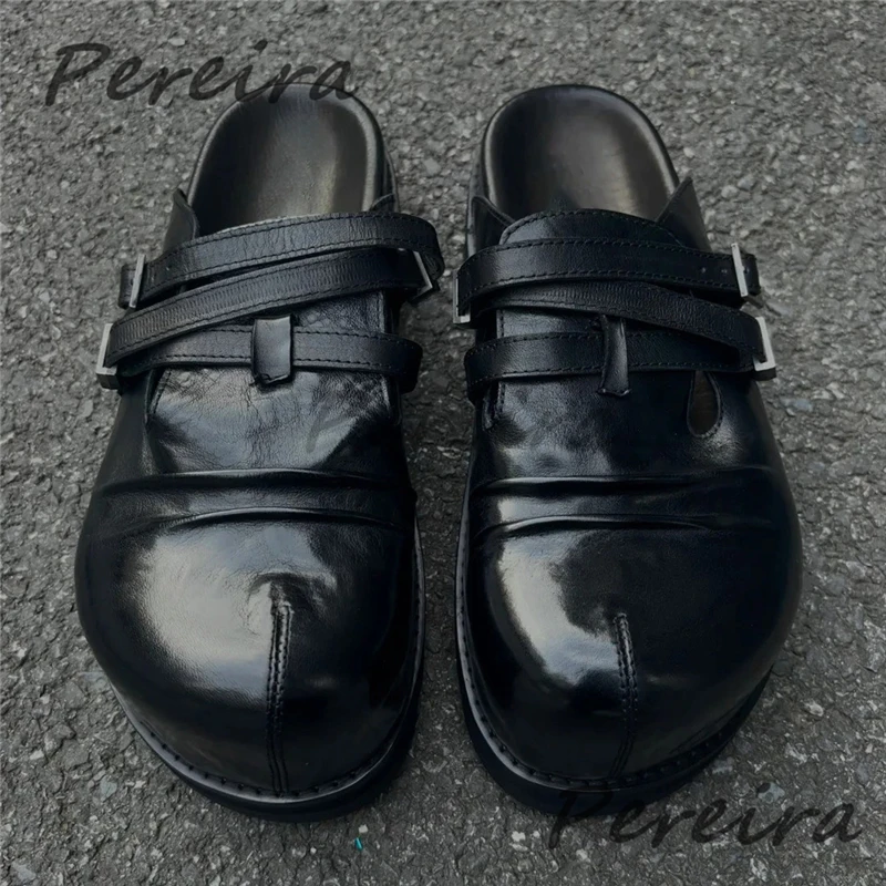 Men's Black Leather Belt Buckle Half Slippers Fashion Cross Strap Big Round Toe Thick Soled Mules Summer New Casual Flat Shoes
Men's Black Leather Belt Buckle Half Slippers Fashion Cross Strap Big Round Toe Thick Soled Mules Summer New Casual Flat Shoes