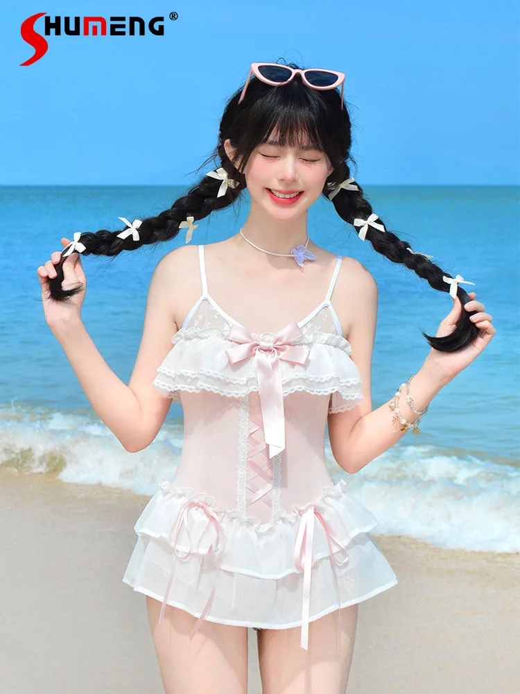Cute Sweet Soft Girl Pink Sleeveless Sling One-piece Swimsuis Lace-up Bow Slim Fit Seaside Bathing Suits Women Summer Swimsuit
Cute Sweet Soft Girl Pink Sleeveless Sling One-piece Swimsuis Lace-up Bow Slim Fit Seaside Bathing Suits Women Summer Swimsuit