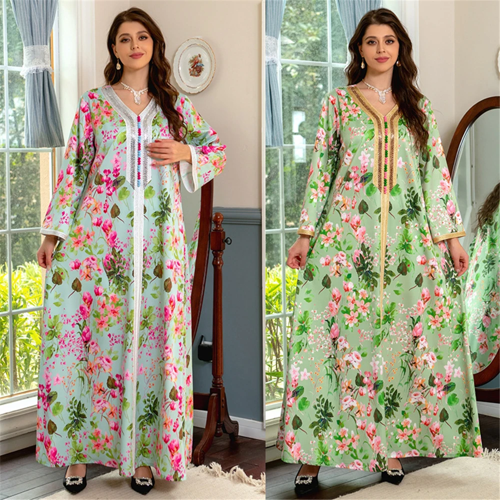 Spring Ethnic Floral Printed Long Dresses Musilim Fashion Diamonds V-Neck Lace Tape Dress Eid Mubarak Modest Clothing Women
Spring Ethnic Floral Printed Long Dresses Musilim Fashion Diamonds V-Neck Lace Tape Dress Eid Mubarak Modest Clothing Women
