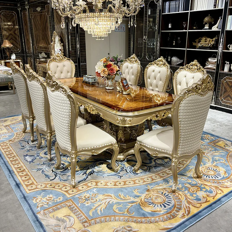 French Dining Table and Chair Combination, European-style Villa Solid Wood Carving Flower Natural Veneer Rectangle 6 People
French Dining Table and Chair Combination, European-style Villa Solid Wood Carving Flower Natural Veneer Rectangle 6 People