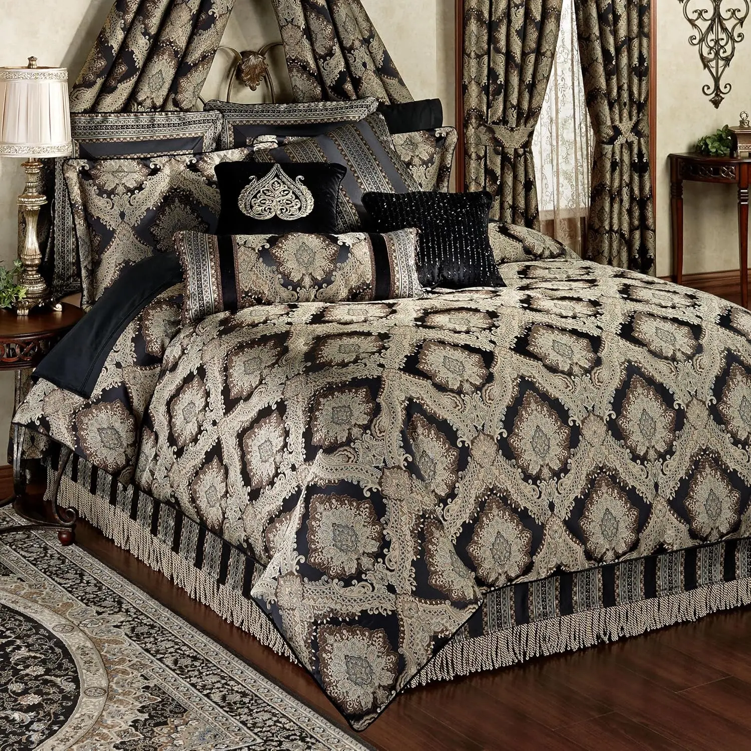 Fenmore Damask Medallion Oversized Luxury Bedding | Rich Black Taupe Silver Gray Wheat Almond | 4 Piece Comforter, Customized
Fenmore Damask Medallion Oversized Luxury Bedding | Rich Black Taupe Silver Gray Wheat Almond | 4 Piece Comforter, Customized
