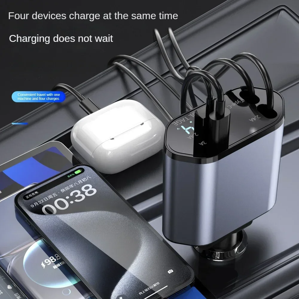 Retractable Car Charger 4 in 1 Fast Charging Car Charger 120W Dual Type-C Retractable Cable and 2 USB Ports Car Charger Adapter
Retractable Car Charger 4 in 1 Fast Charging Car Charger 120W Dual Type-C Retractable Cable and 2 USB Ports Car Charger Adapter