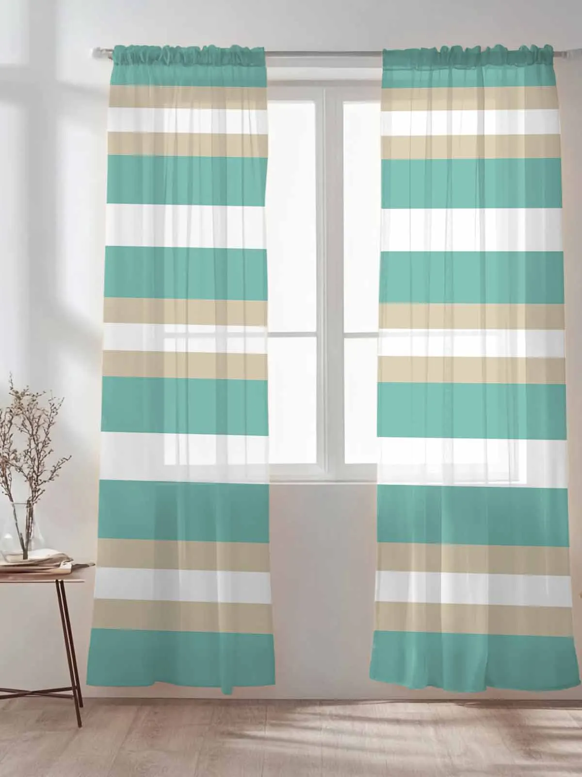 Striped Khaki Contrast Turquoise Voile Sheer Window Drapes Curtains for Bedroom Living Room
Striped Khaki Contrast Turquoise Voile Sheer Window Drapes Curtains for Bedroom Living Room