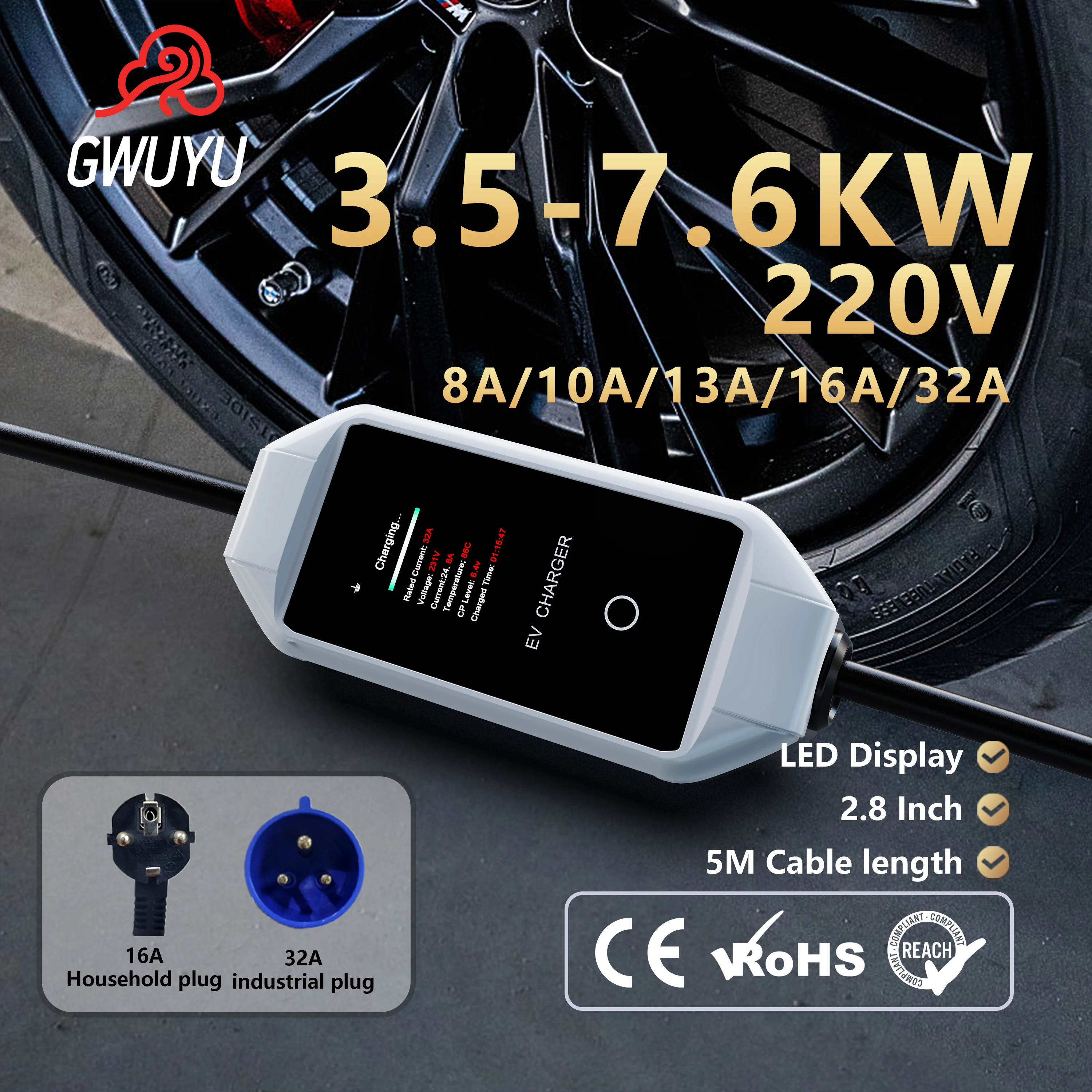 GWUYU M64 Electric Vehicle Portable Chargers 7.6KW 32A 220V Current Adjustable 5M Charging Cable Type 2 LED Display Wall Box
GWUYU M64 Electric Vehicle Portable Chargers 7.6KW 32A 220V Current Adjustable 5M Charging Cable Type 2 LED Display Wall Box