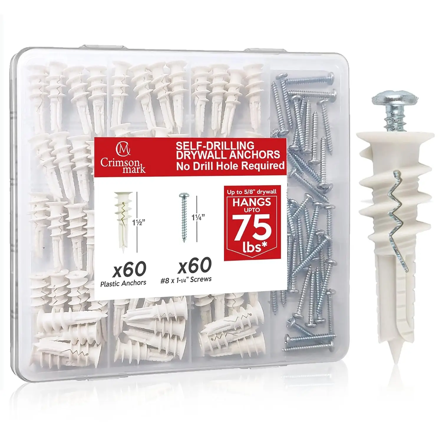 120Pcs Self Drilling Drywall Anchors & Screws Kit #8 x 1-1/4" - Heavy Duty Holds Up to 75lbs, No Pre-Drilling Needed
120Pcs Self Drilling Drywall Anchors & Screws Kit #8 x 1-1/4" - Heavy Duty Holds Up to 75lbs, No Pre-Drilling Needed