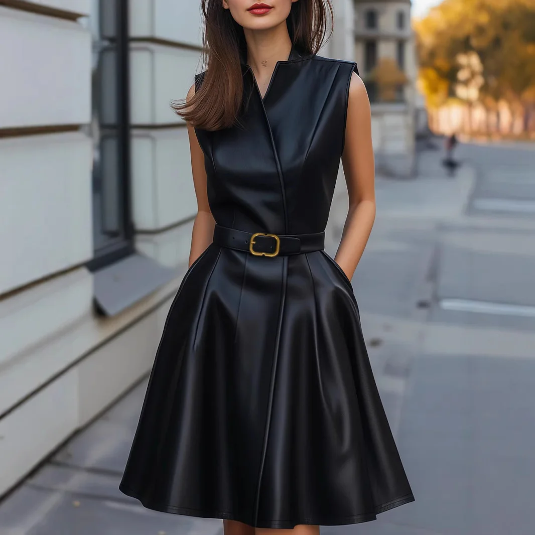 PU Leather Dresses for Women V-Neck Solid Color Mini Dress Women Sleeveless Elegant A-Line Dress Streetwear Top With Belt
PU Leather Dresses for Women V-Neck Solid Color Mini Dress Women Sleeveless Elegant A-Line Dress Streetwear Top With Belt