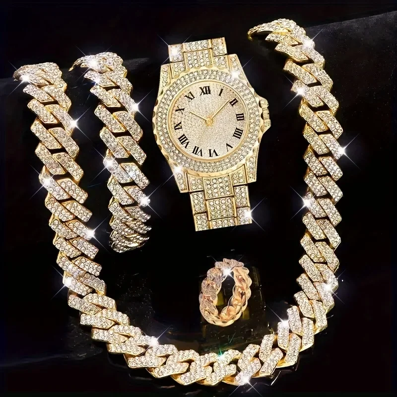 4pcs Men's Hip Hop Diamond Bracelet Set, Ring Set, Men's Watch Gift Set
4pcs Men's Hip Hop Diamond Bracelet Set, Ring Set, Men's Watch Gift Set