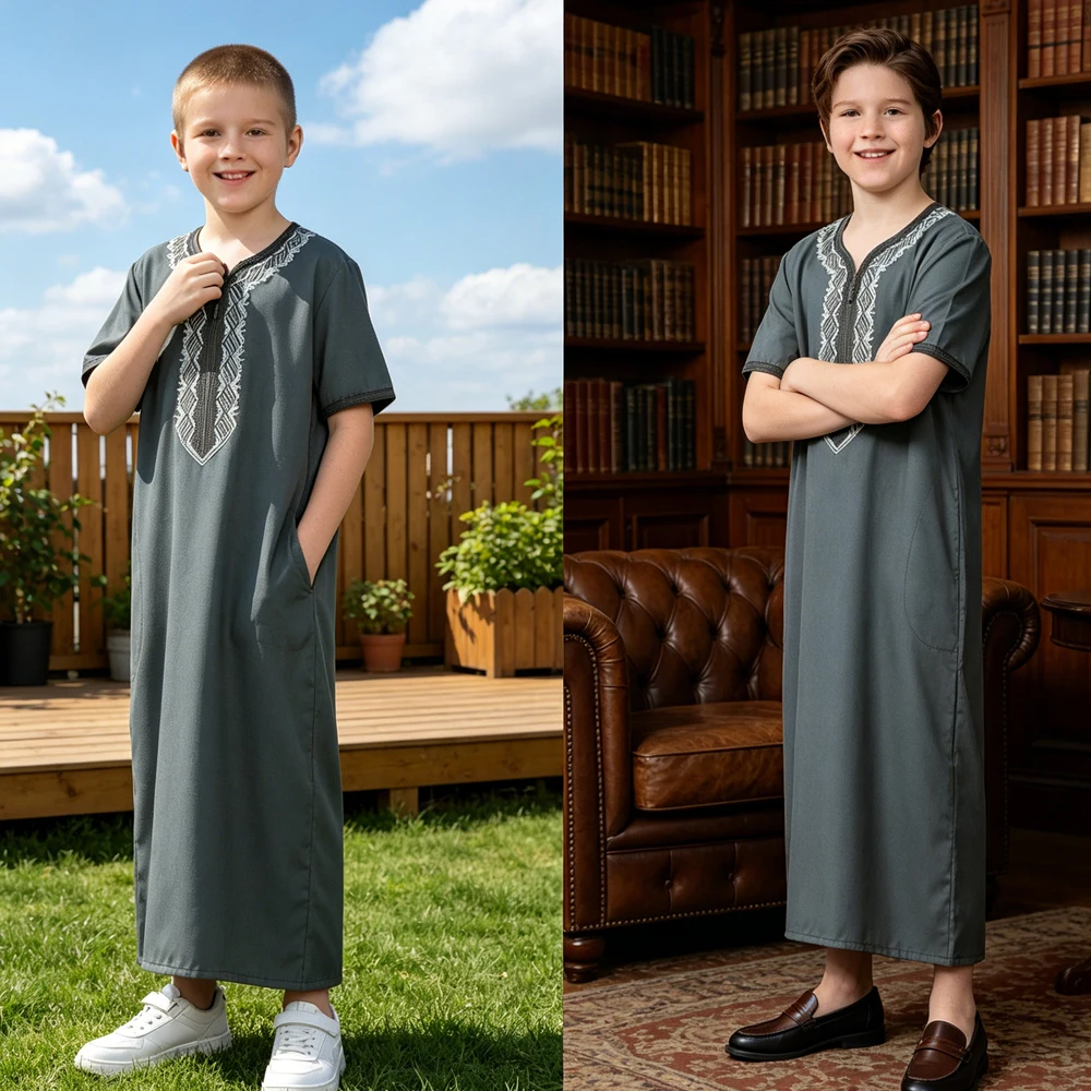 Middle Eastern Kids Muslim Dress Robe Short Sleeve Embroidery Jubba Thobe Loose Pocket Kaftan Casual Islamic Clothing for Boys
Middle Eastern Kids Muslim Dress Robe Short Sleeve Embroidery Jubba Thobe Loose Pocket Kaftan Casual Islamic Clothing for Boys