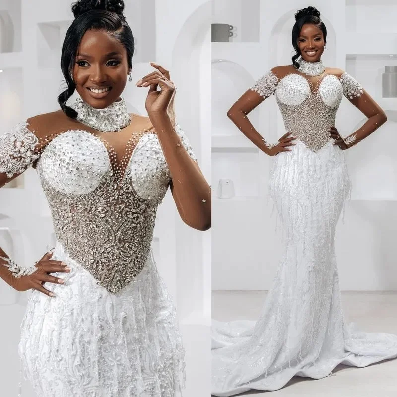 Customized Mermaid Aso Ebi Off White African Wedding Dress Bridal Gowns For Bride High Beaded Lace Tassel Crystals Tiered
Customized Mermaid Aso Ebi Off White African Wedding Dress Bridal Gowns For Bride High Beaded Lace Tassel Crystals Tiered