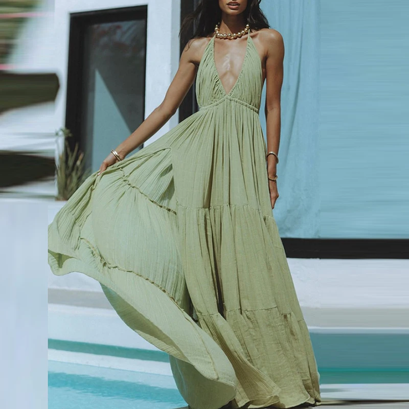 New Summer Hollow Backless Pleated Dress Casual Sleeveless Solid Color Robe Dresses Sexy Women's V Neck High Waist Beach Dress
New Summer Hollow Backless Pleated Dress Casual Sleeveless Solid Color Robe Dresses Sexy Women's V Neck High Waist Beach Dress