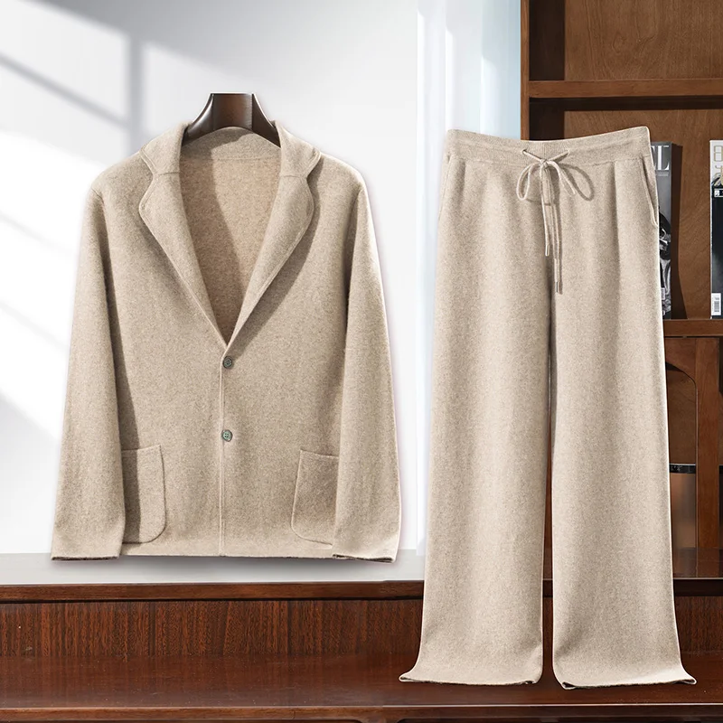 100% cashmere men's suit collar single breasted cardigan jacket casual solid knitted straight leg pants pocket two-piece set
100% cashmere men's suit collar single breasted cardigan jacket casual solid knitted straight leg pants pocket two-piece set