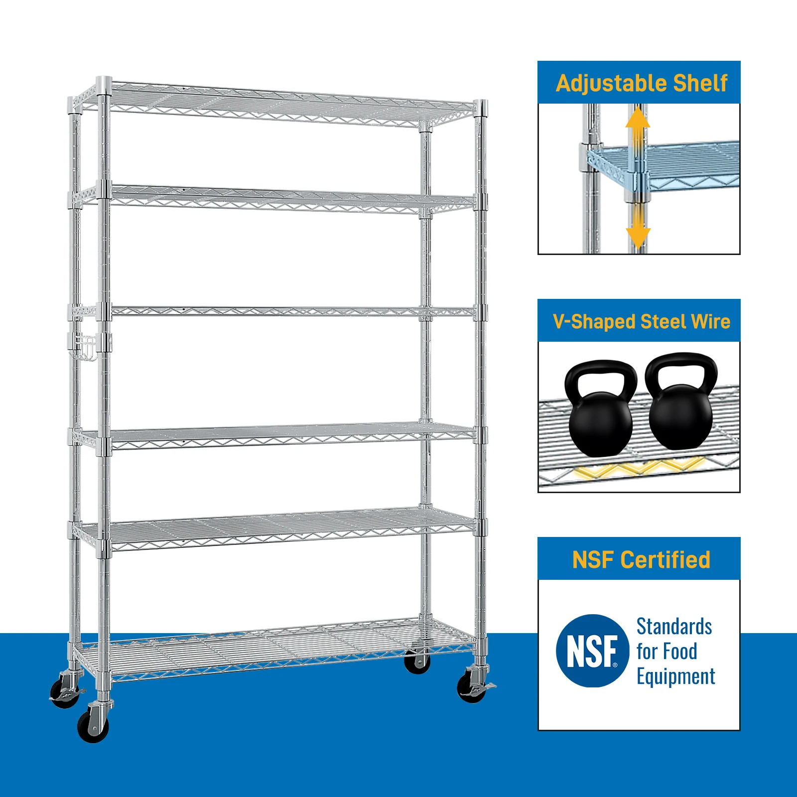 6-Tier NSF-Certified Steel Wire Shelving with Wheels, Detachable & Adjustable
6-Tier NSF-Certified Steel Wire Shelving with Wheels, Detachable & Adjustable