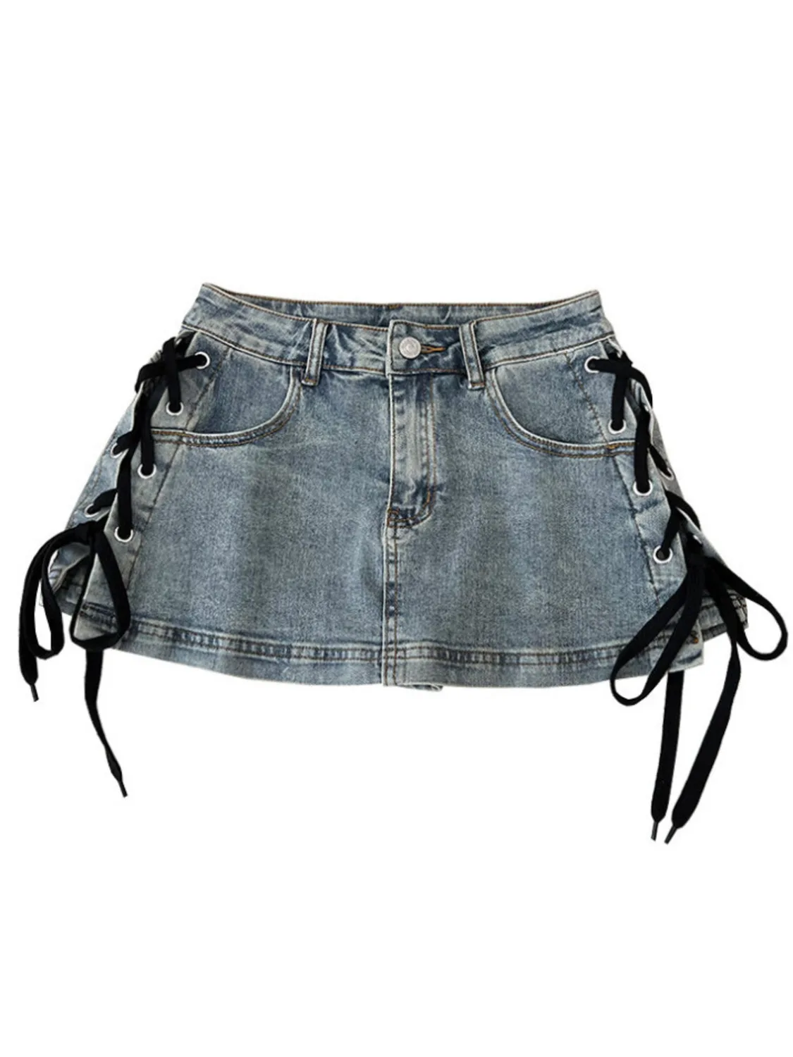Women's Y2K Lace-Up Denim Mini Skirt Low Waist Vintage Wash Cargo Skirt with Side Eyelets & Tie Strings Streetwear
Women's Y2K Lace-Up Denim Mini Skirt Low Waist Vintage Wash Cargo Skirt with Side Eyelets & Tie Strings Streetwear
