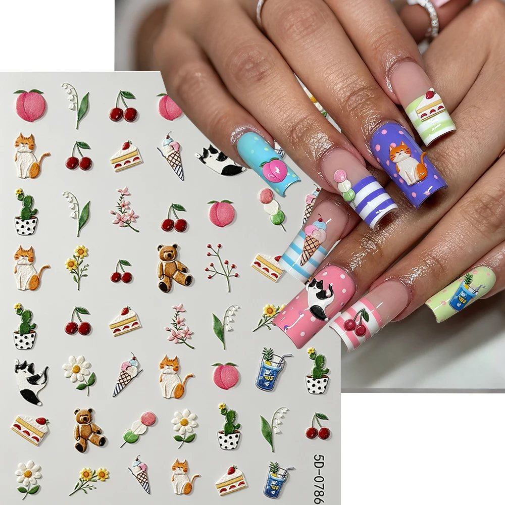 1Pcs 5D Embossed Cute Cat Flower Plant Nail Sticker Summer Cake Ice-Cream Cherry Peach Nail Decals Mixed Manicure Slider Decorat
1Pcs 5D Embossed Cute Cat Flower Plant Nail Sticker Summer Cake Ice-Cream Cherry Peach Nail Decals Mixed Manicure Slider Decorat