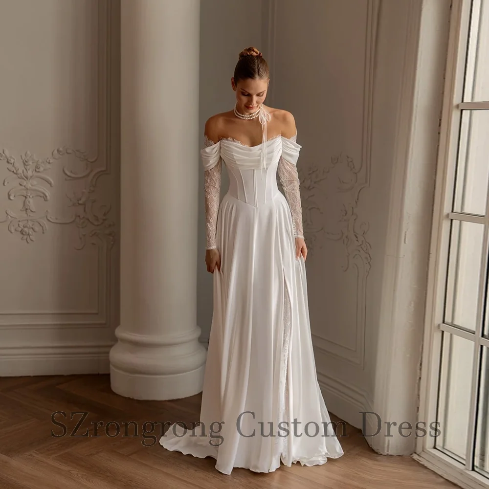 Vestidos de novia Off Shoulder Pleated Boho Lace Wedding Dress Long Illusion Sleeve Bridal Dress with Sweep Train Customized
Vestidos de novia Off Shoulder Pleated Boho Lace Wedding Dress Long Illusion Sleeve Bridal Dress with Sweep Train Customized