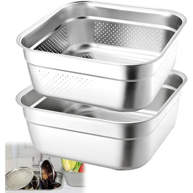 2-in-1 Stainless Steel Washing Up Bowl, 2.5Gallon Square Sink Basin with Colander for Rice Pasta Draining Mixing Kitchen Use
2-in-1 Stainless Steel Washing Up Bowl, 2.5Gallon Square Sink Basin with Colander for Rice Pasta Draining Mixing Kitchen Use