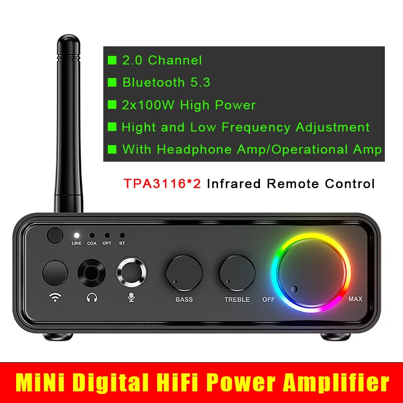 Home Bluetooth 5.3 Dual-Channel Digital Power Amplifier 2.0 Audio Amplifier 100Wx2 200W with Microphone Optical Coaxial Input
Home Bluetooth 5.3 Dual-Channel Digital Power Amplifier 2.0 Audio Amplifier 100Wx2 200W with Microphone Optical Coaxial Input