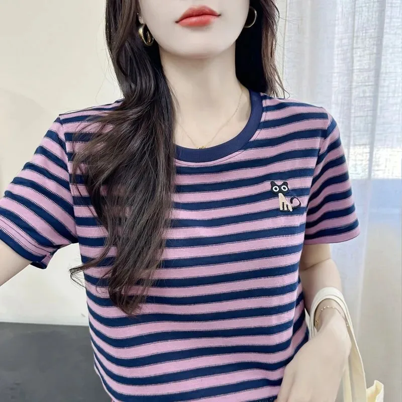 Women's Pink Navy Striped T-Shirt Cute Cat Embroidery Crew Neck Short Sleeve Casual Top
Women's Pink Navy Striped T-Shirt Cute Cat Embroidery Crew Neck Short Sleeve Casual Top