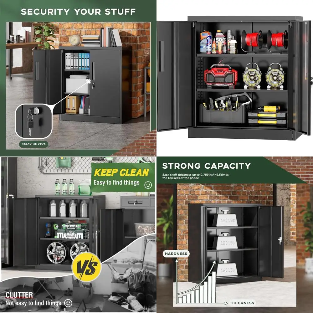 Черный стальной шкаф для хранения с замком, дверцами и полками для дома и офиса
Черный стальной шкаф для хранения с замком, дверцами и полками для дома и офиса