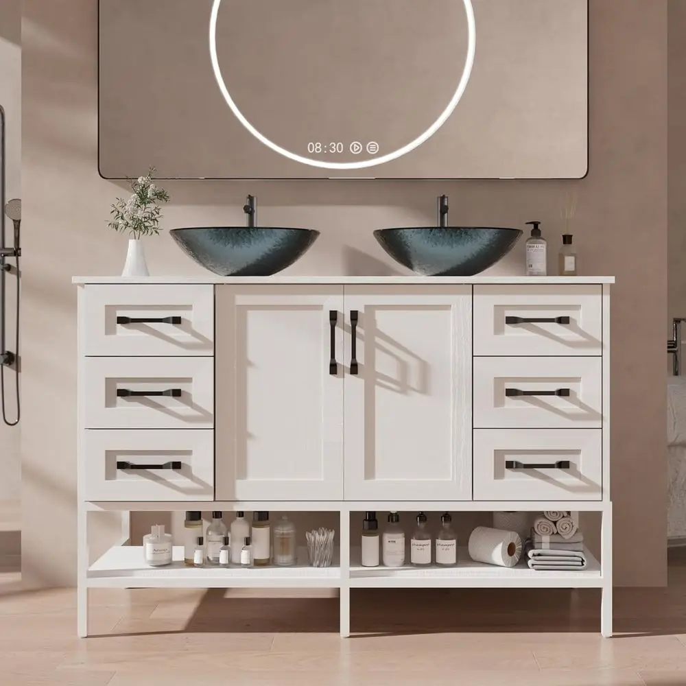 48 White Double Sink Bathroom Vanity with Open Shelves and 6 Drawers, Ironwood Style Cabinet, Tempered Glass Countertop
48 White Double Sink Bathroom Vanity with Open Shelves and 6 Drawers, Ironwood Style Cabinet, Tempered Glass Countertop