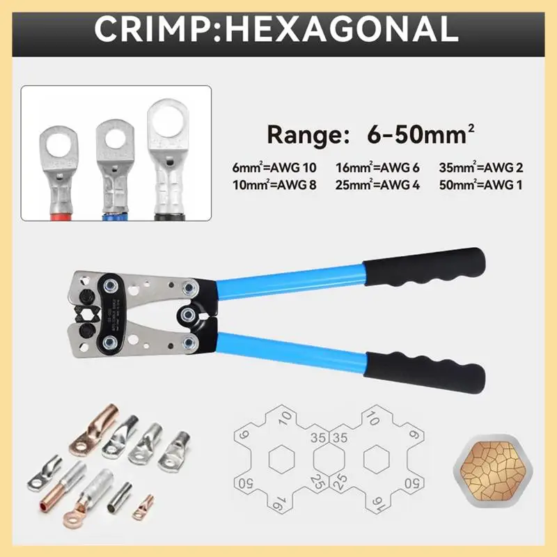 Battery Cable Crimping Tool Kit For AWG 10-1 Copper Ring Lug With Cable Cutter, Heavy Duty Crimper For Wire Lugs HX-50B
Battery Cable Crimping Tool Kit For AWG 10-1 Copper Ring Lug With Cable Cutter, Heavy Duty Crimper For Wire Lugs HX-50B