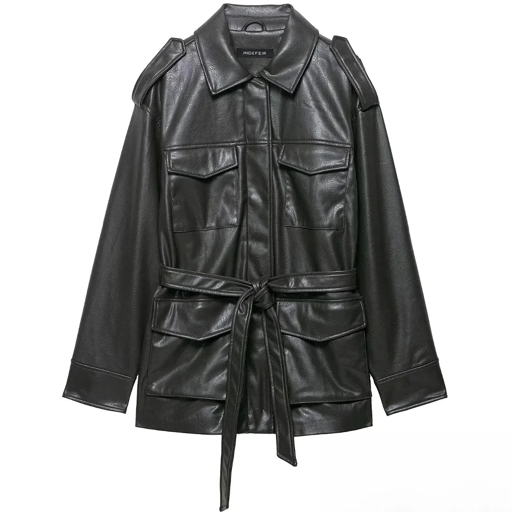 KONDALA женское элегантное пальто из искусственной кожи, винтажное пальто с карманами и поясом, новая мода, осень-зима 2025 г., женское пальто для поездок на работу 
KONDALA женское элегантное пальто из искусственной кожи, винтажное пальто с карманами и поясом, новая мода, осень-зима 2025 г., женское пальто для поездок на работу