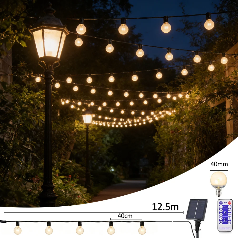 G40 LED Solar Street Garland String Light 40mm Clear Plastic Bulbs 8 Lighting Modes Timing Function for Outdoor Garden Decor
G40 LED Solar Street Garland String Light 40mm Clear Plastic Bulbs 8 Lighting Modes Timing Function for Outdoor Garden Decor