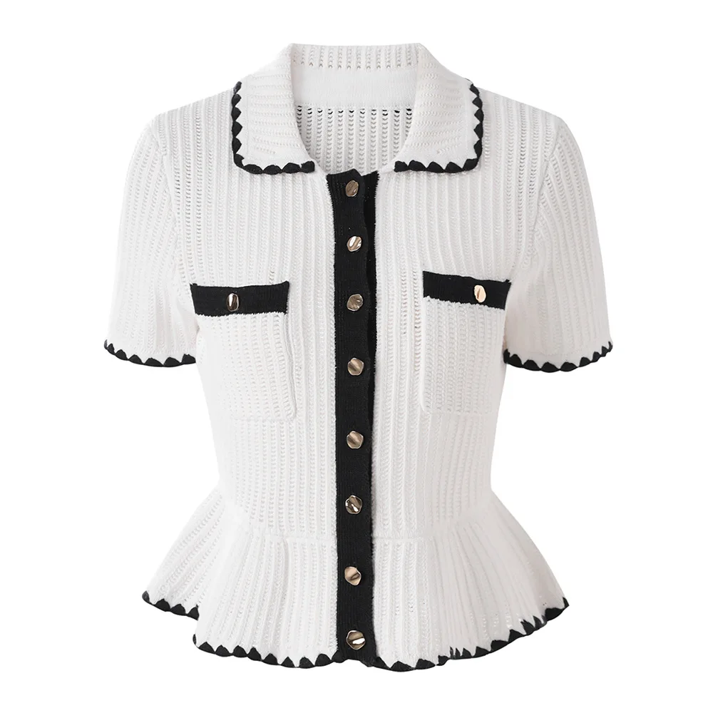 New Women Polo Collar Cardigan Knitted Cotton Short Sleeve Patchwork Cardigan
New Women Polo Collar Cardigan Knitted Cotton Short Sleeve Patchwork Cardigan