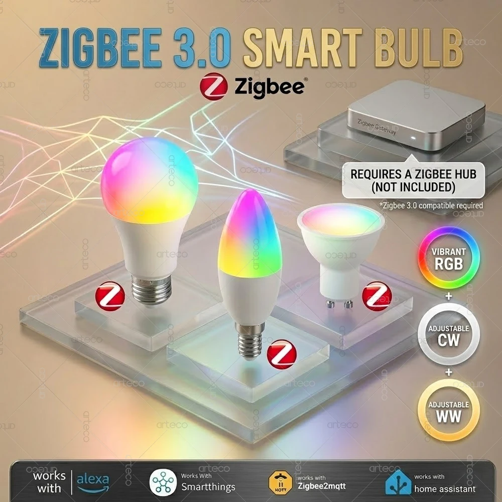 Zigbee 3.0 Smart LED Bulb E27 E14 GU10 RGB+CCT Dimmable Light 2700-6500K Lamp Works with Alexa Echo SmartThings Z2M Yandex Alice
Zigbee 3.0 Smart LED Bulb E27 E14 GU10 RGB+CCT Dimmable Light 2700-6500K Lamp Works with Alexa Echo SmartThings Z2M Yandex Alice