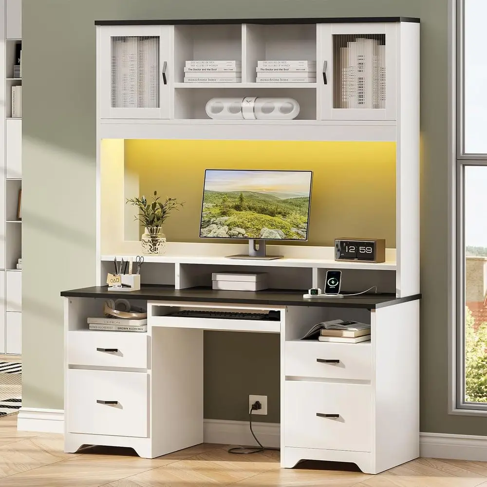 78 Inch High Executive Desk with Hutch, Wooden Computer Desk with Drawers, Charging Station, LED Lighting, Storage Cabinet, Keyb
78 Inch High Executive Desk with Hutch, Wooden Computer Desk with Drawers, Charging Station, LED Lighting, Storage Cabinet, Keyb