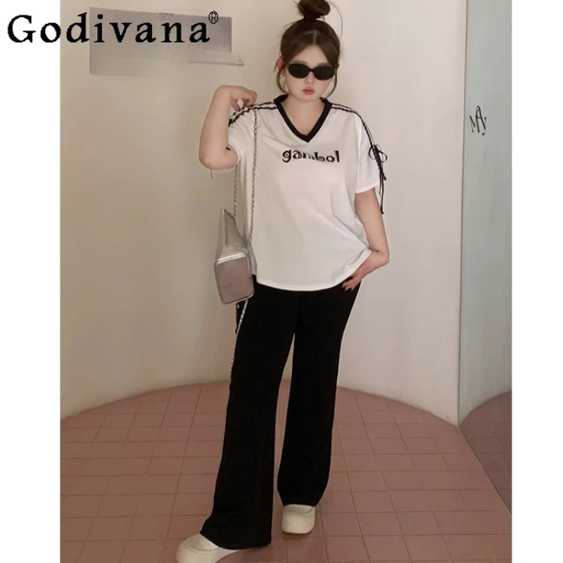 L-4XL Large Size V-Neck Short Sleeve Sweet Cute Black Lace Bow Summer New Loose A-line White Letter Printed Versatile T-Shirt
L-4XL Large Size V-Neck Short Sleeve Sweet Cute Black Lace Bow Summer New Loose A-line White Letter Printed Versatile T-Shirt