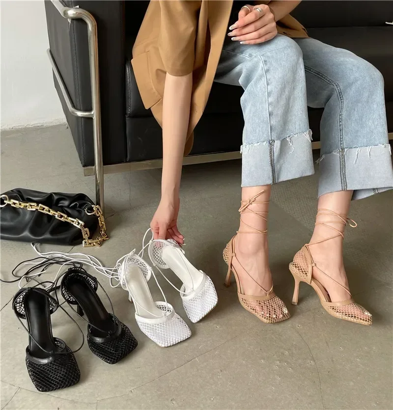 New Sexy White Hollow Mesh Pumps Sandals Female Square Toe Stiletto High Heel Ankle Lace Up Cross-tied Party Dress shoes
New Sexy White Hollow Mesh Pumps Sandals Female Square Toe Stiletto High Heel Ankle Lace Up Cross-tied Party Dress shoes