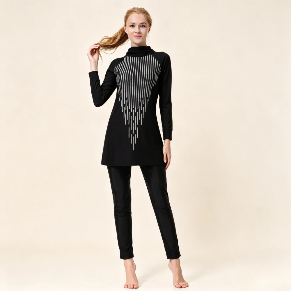 2PCS Vertical Stripe Print Burkini Swimwear Long Sleeve Tunic Top Full Length Pants Conservative Full Muslim Black Bathing Suit
2PCS Vertical Stripe Print Burkini Swimwear Long Sleeve Tunic Top Full Length Pants Conservative Full Muslim Black Bathing Suit