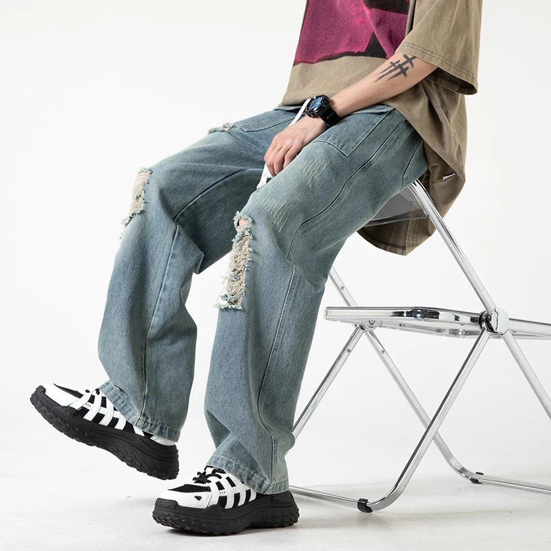 Голубая рабочая одежда, мужские джинсы, повседневные прямые брюки с рваным подолом, джинсовые брюки Street Faion, шнуры с высокой талией
Голубая рабочая одежда, мужские джинсы, повседневные прямые брюки с рваным подолом, джинсовые брюки Street Faion, шнуры с высокой талией