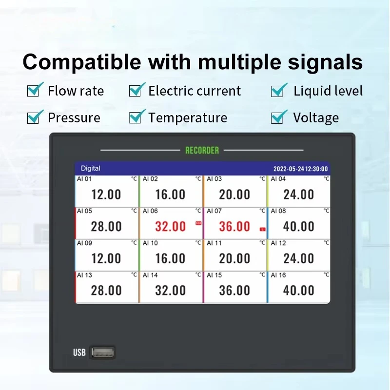 Multi-channel Data Logger for Flow Current Level Pressure Temperature Voltage Paperless Chart Recorder Data Logging
Multi-channel Data Logger for Flow Current Level Pressure Temperature Voltage Paperless Chart Recorder Data Logging