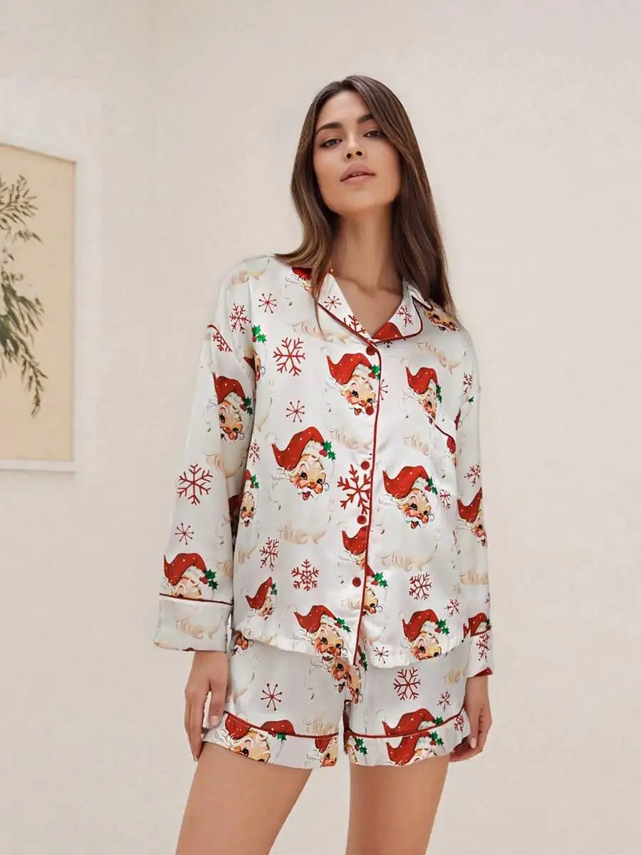 Women Christmas Pajama Set Santa Snowflake Print Long Sleeve Top And Shorts
Women Christmas Pajama Set Santa Snowflake Print Long Sleeve Top And Shorts