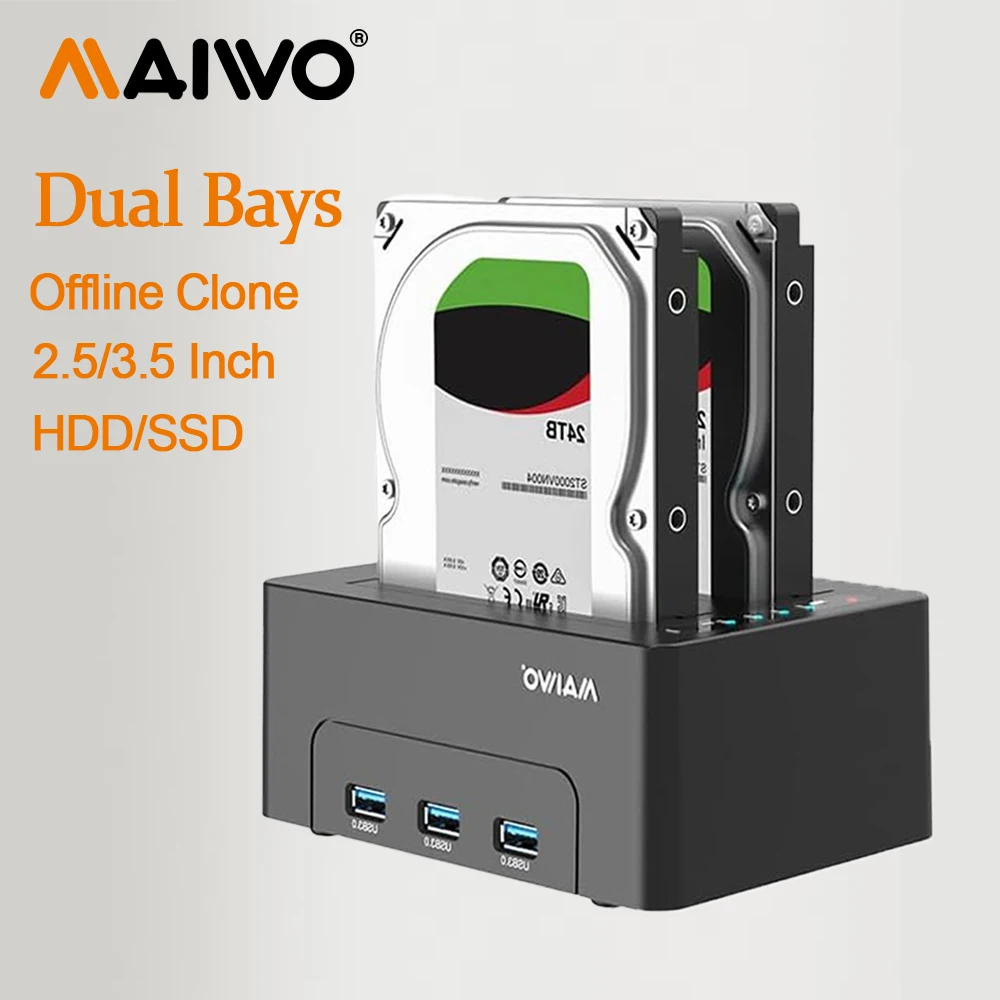 MAIWO Dual Bay Hard Disk Docking Station with Offline Clone for 2.5 3.5 Inch SATA HDD SSD 3X USB 3.0 Hub Extension 48TB Capacity
MAIWO Dual Bay Hard Disk Docking Station with Offline Clone for 2.5 3.5 Inch SATA HDD SSD 3X USB 3.0 Hub Extension 48TB Capacity