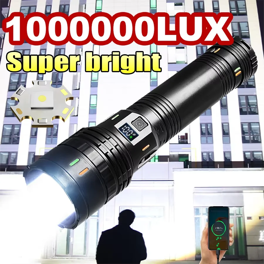 Powerful 1000000LM LED Flashlight Strong Light Outdoor Tactical Torch Rechargeable Built-in 7800mah Torch with Fluorescent Strip
Powerful 1000000LM LED Flashlight Strong Light Outdoor Tactical Torch Rechargeable Built-in 7800mah Torch with Fluorescent Strip