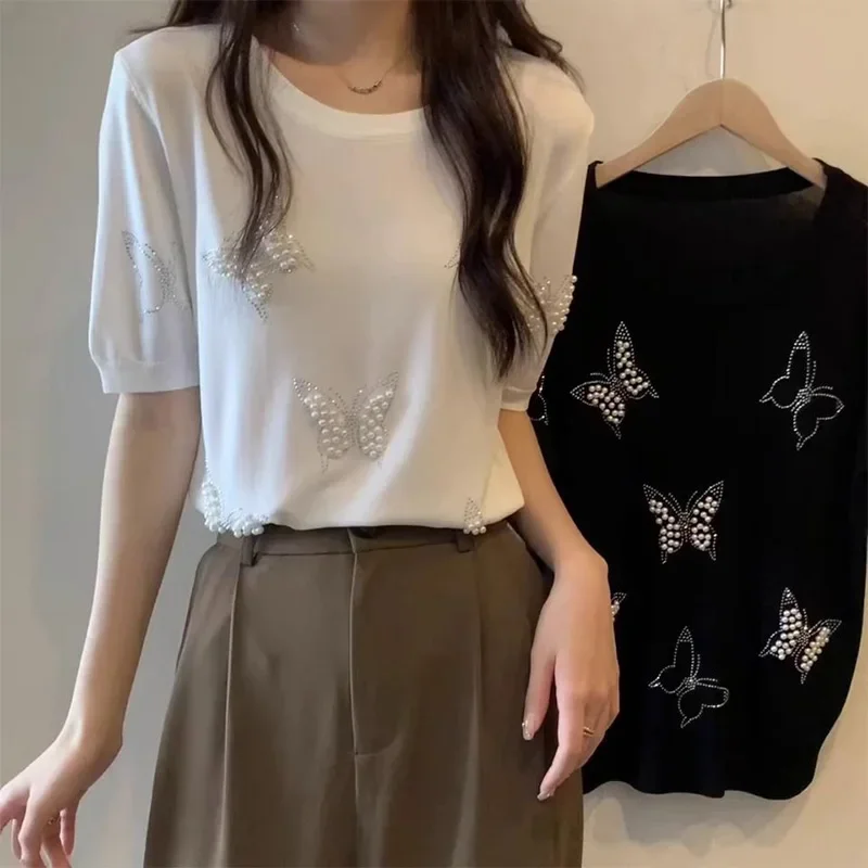 Women Clothing Elegant Commute Soft Loose Solid Thin Knitted T-Shirt Summer Fashion Butterfly Beading O-neck Short Sleeve Tops
Women Clothing Elegant Commute Soft Loose Solid Thin Knitted T-Shirt Summer Fashion Butterfly Beading O-neck Short Sleeve Tops