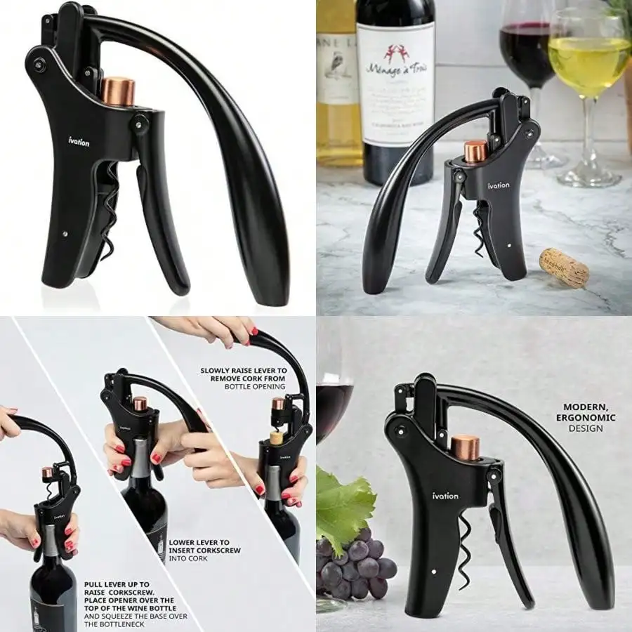 Wine Bottle Opener | Manual Handheld Corkscrew With Ergonomic Lever Pump, Standing Vertical Design, Soft Bottleneck Grip, Nonstick Screw & Easy No-Twist Cork Removal | Black & Bronze Stainless(Default)
Wine Bottle Opener | Manual Handheld Corkscrew With Ergonomic Lever Pump, Standing Vertical Design, Soft Bottleneck Grip, Nonstick Screw & Easy No-Twist Cork Removal | Black & Bronze Stainless(Default)