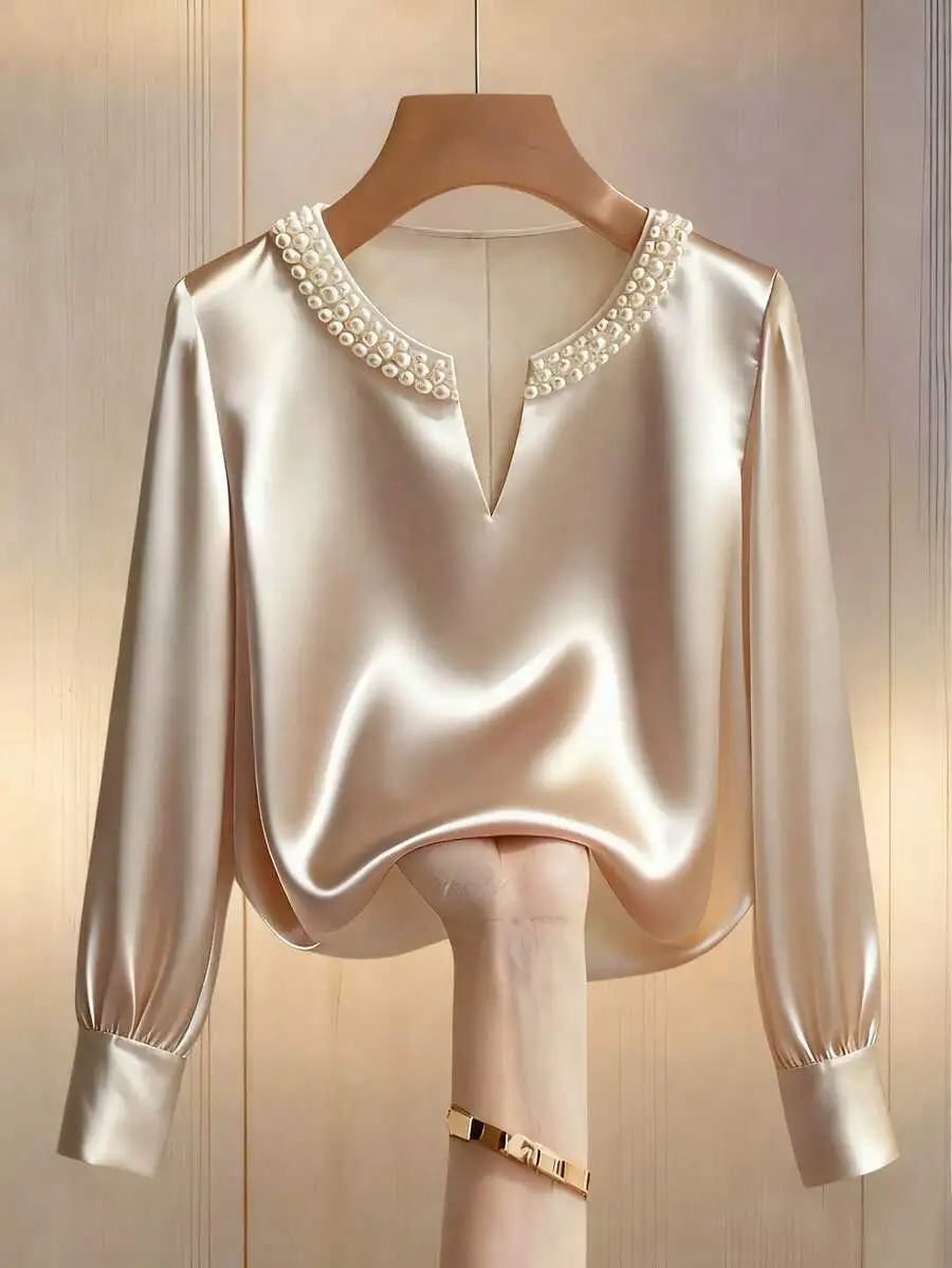 Elegant V-Neck Satin Long Sleeve Blouse For Women, Casual And Office Wear
Elegant V-Neck Satin Long Sleeve Blouse For Women, Casual And Office Wear