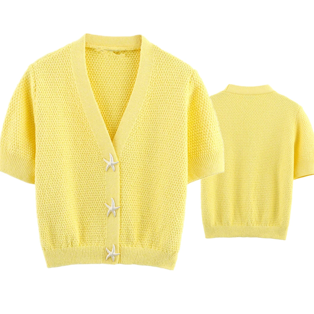 Maxdutti Minimalist Women's Clothing Star Buckle Yellow Short Sleeve Knitted Summer Single Breasted Cardigan Women Top
Maxdutti Minimalist Women's Clothing Star Buckle Yellow Short Sleeve Knitted Summer Single Breasted Cardigan Women Top