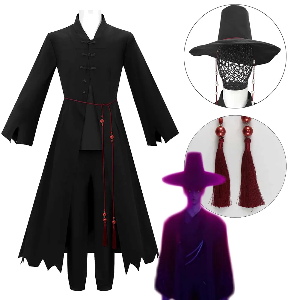 Disguise Demon Hunter of KPop Saja Boys Cosplay Black Costume Robe Hat Outfits Halloween Carnival Party Suits For Male Adult
Disguise Demon Hunter of KPop Saja Boys Cosplay Black Costume Robe Hat Outfits Halloween Carnival Party Suits For Male Adult